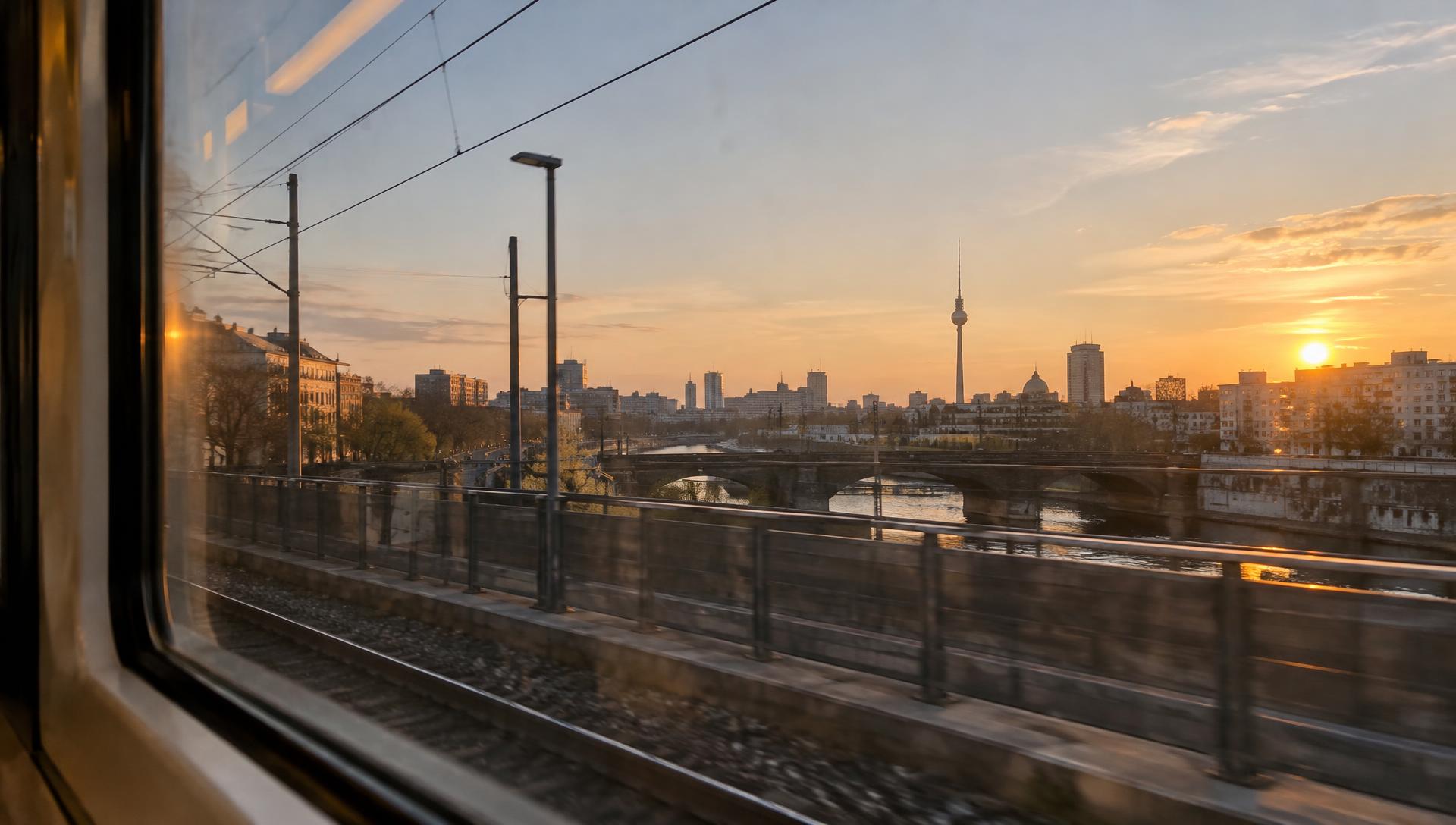 Golden-hour view over Berlin seen from the window of a moving train